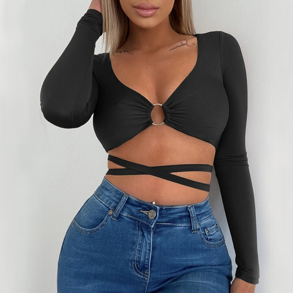 Damen Crop-Top mit verspieltem Ringdetails und langen Ärmeln R&B