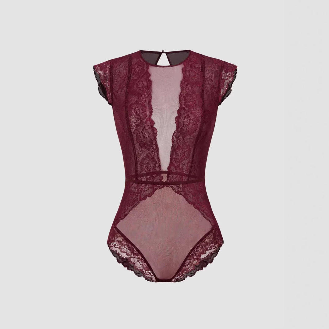 Damen Elegantes Spitzenbody mit tiefem V-Ausschnitt und zarten Rüschendetails R&B