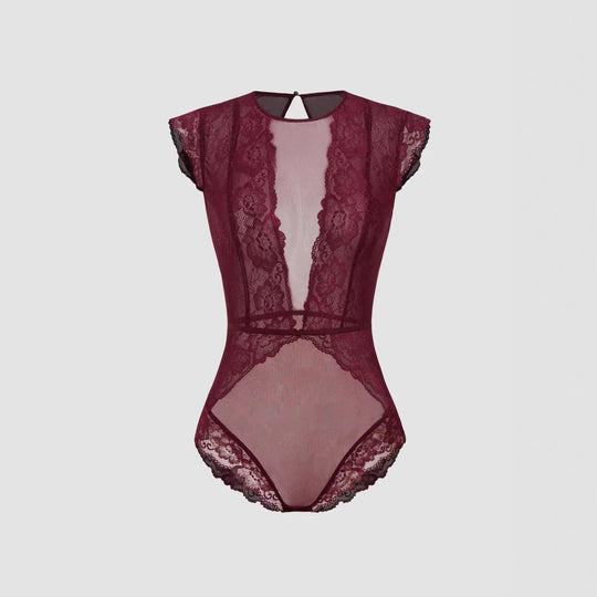 Damen Elegantes Spitzenbody mit tiefem V-Ausschnitt und zarten Rüschendetails R&B