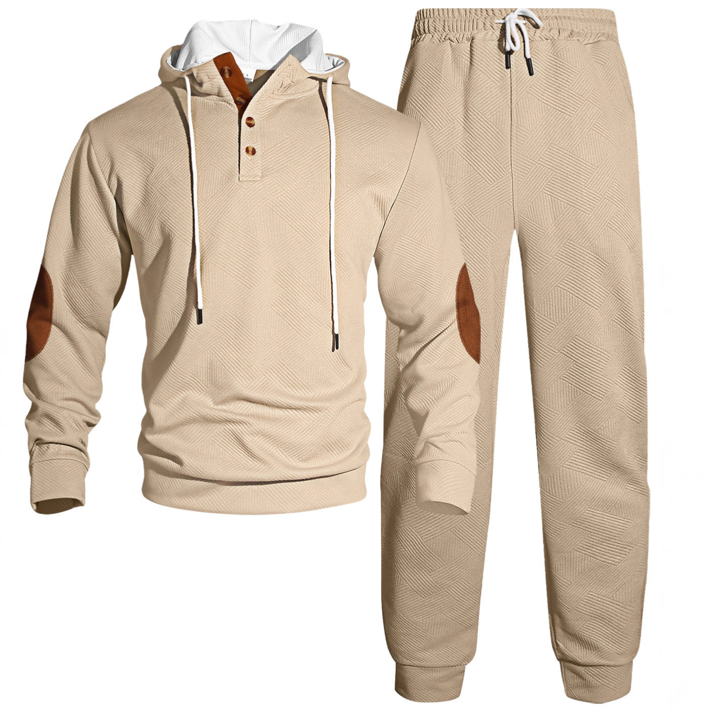 Herren nan Waffelstruktur Henley-Kapuzen-Set mit Holzknopfleiste Ellbogen-Patches und konischer Jogginghose R&B
