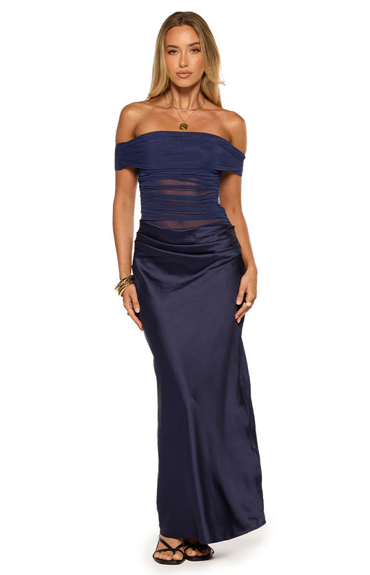 Damen elegantes schulterfreies Abendkleid mit figurformender Raffung und Satin-Finish R&B