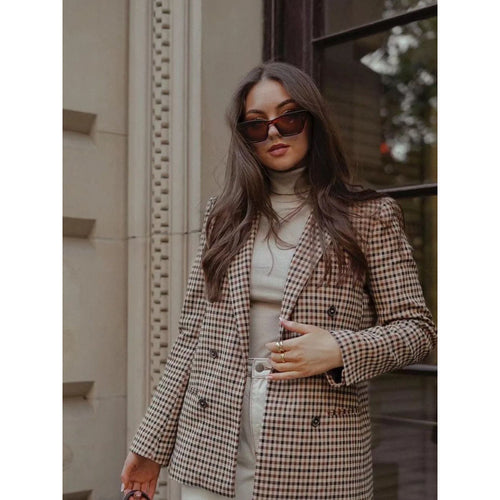 Damen kariertes Blazerjacke mit doppelter Knopfreihe und idealem Schnitt R&B