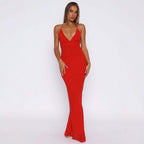 Damen Elegantes Maxikleid mit tiefem V-Ausschnitt und Spaghettiträgern R&B