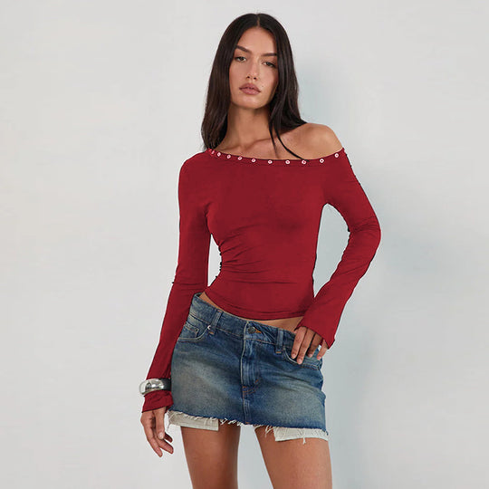 Damen Off-Shoulder Oberteil mit modischen Knöpfen und figurbetontem Schnitt R&B