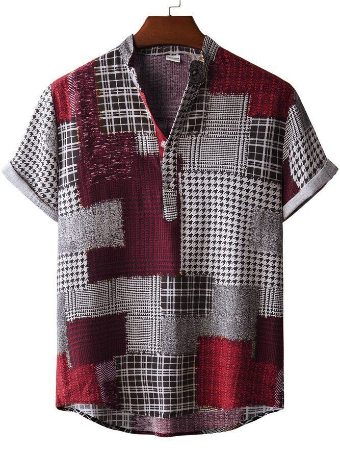Herren Kurzarmhemd im kreativen Patchwork-Stil mit Knopfleiste