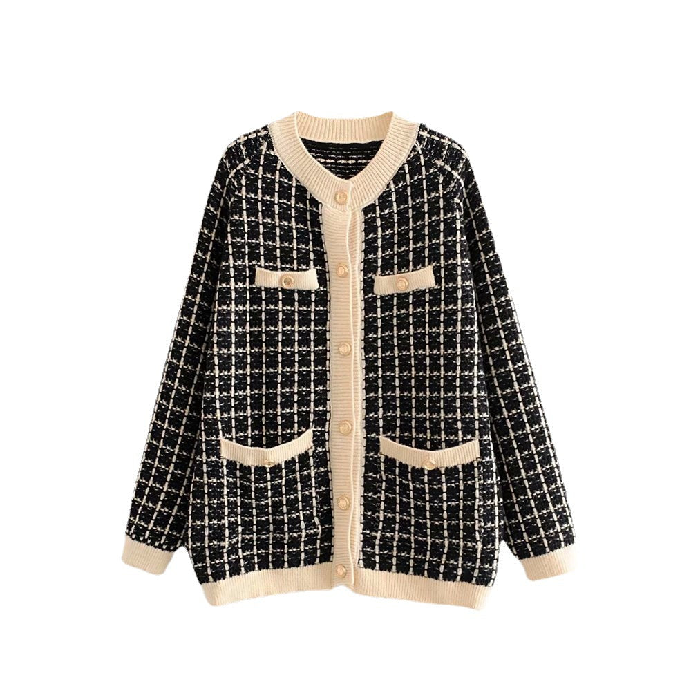 Damen Strickjacke mit Modischem Karomuster und Knopfdetails R&B