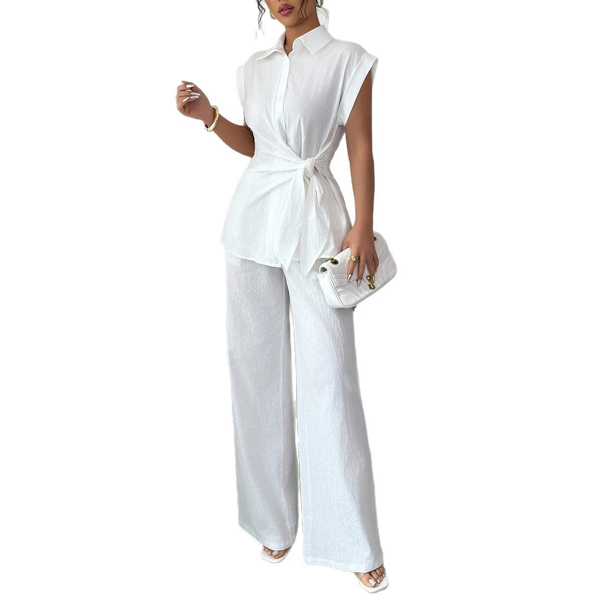 Damen elegantes Zweiteiliges Set mit taillierter Bluse und weit geschnittenen Hosen R&B