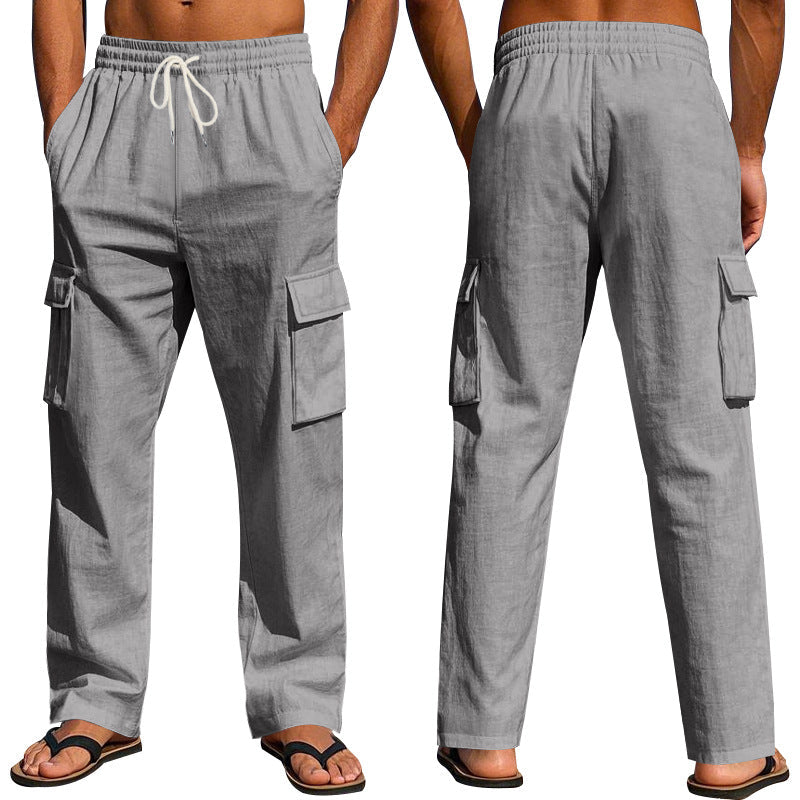 Herren nan lockere Leinen-Cargohose mit elastischem Tunnelzugbund und aufgesetzten Klappentaschen R&B