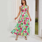 Damen Maxikleid mit tiefem V-Ausschnitt und Taillengürtel R&B