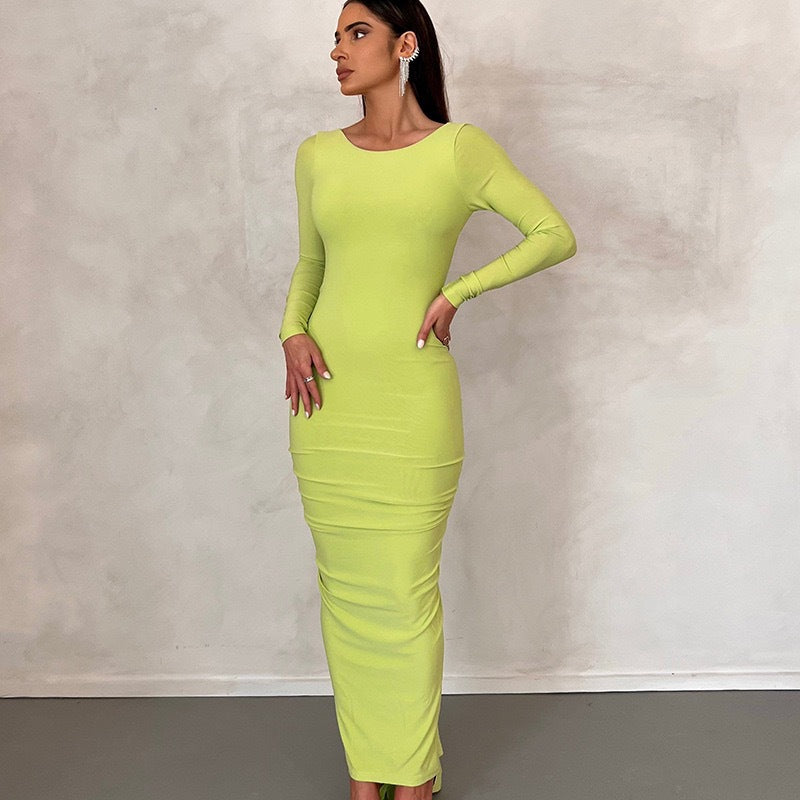 Damen Elegantes figurbetontes Maxikleid mit langen Ärmeln und Rundhalsausschnitt R&B