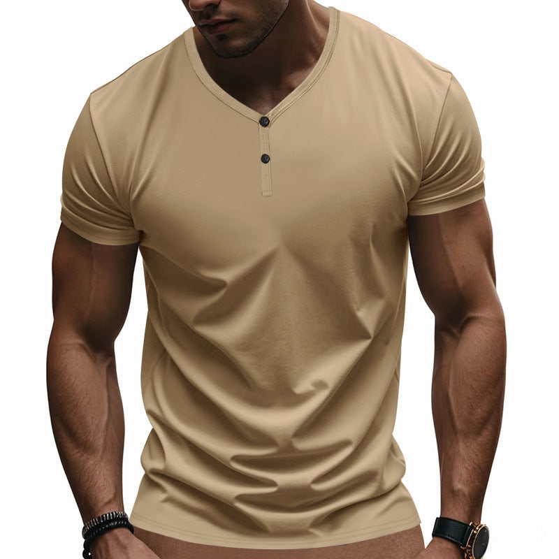 Herren Kurzarm Henley-T-Shirt mit strukturiertem V-Ausschnitt R&B