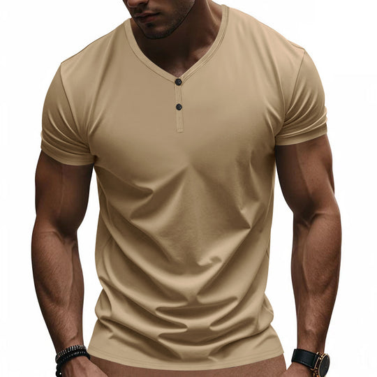 Herren Kurzarm Henley-T-Shirt mit strukturiertem V-Ausschnitt R&B