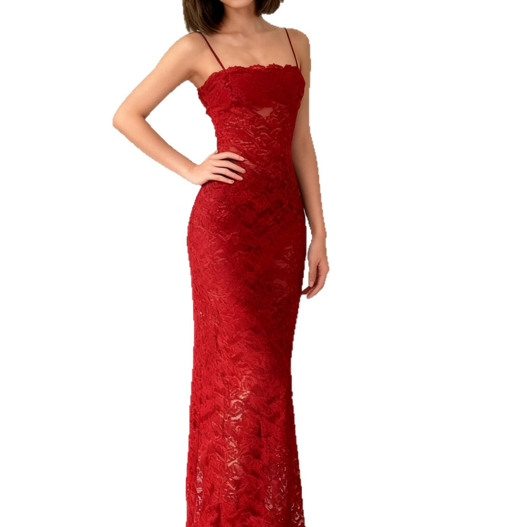 Damen Elegantes langes Spitzenkleid mit gerafftem Detail und schmalen Trägern R&B