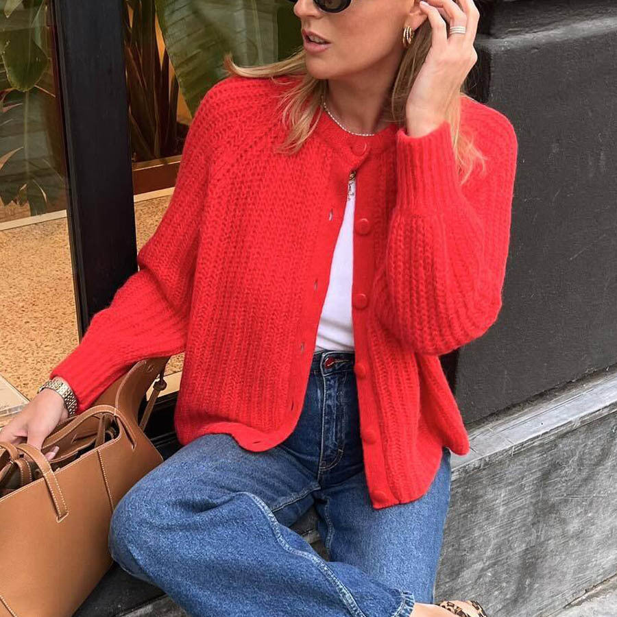 R&B | Damen Gerippt Strickjacke mit Knopfverschluss und Rundem Ausschnitt