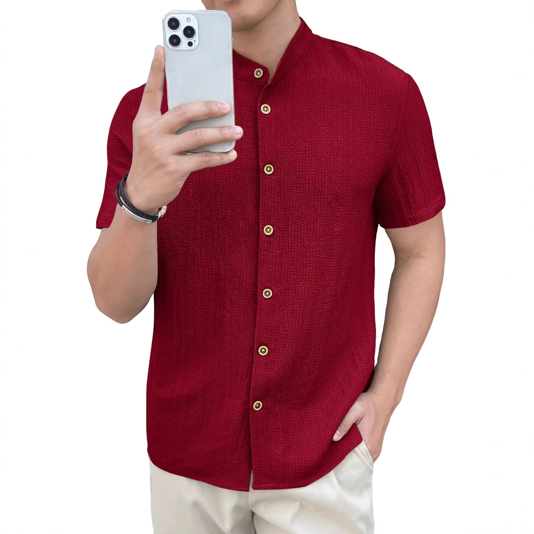 Herren nan leichtes Knitterstruktur-Überhemd mit umgeschlagenen Ärmeln entspannter Overshirt-Silhouette R&B