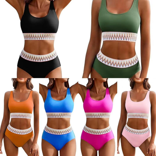 Damen Hochgeschnittener Sport-Bikini mit farbigem Bund R&B
