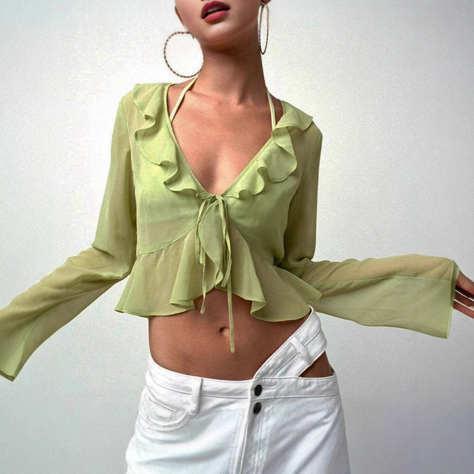 Damen Transparente Langarmbluse mit Rüschen und Bindegürtel R&B