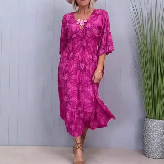 Damen nan luftiges Midikleid mit V‑Ausschnitt, Stufensaum und halblangen Volantärmeln R&B