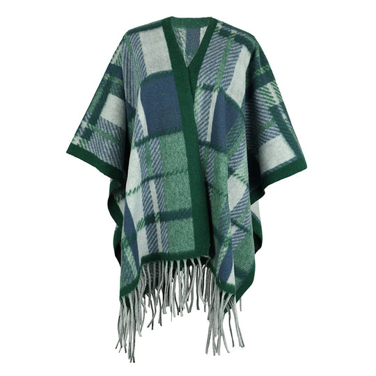 Damen eleganter Poncho mit modernem Karomuster und Fransen R&B
