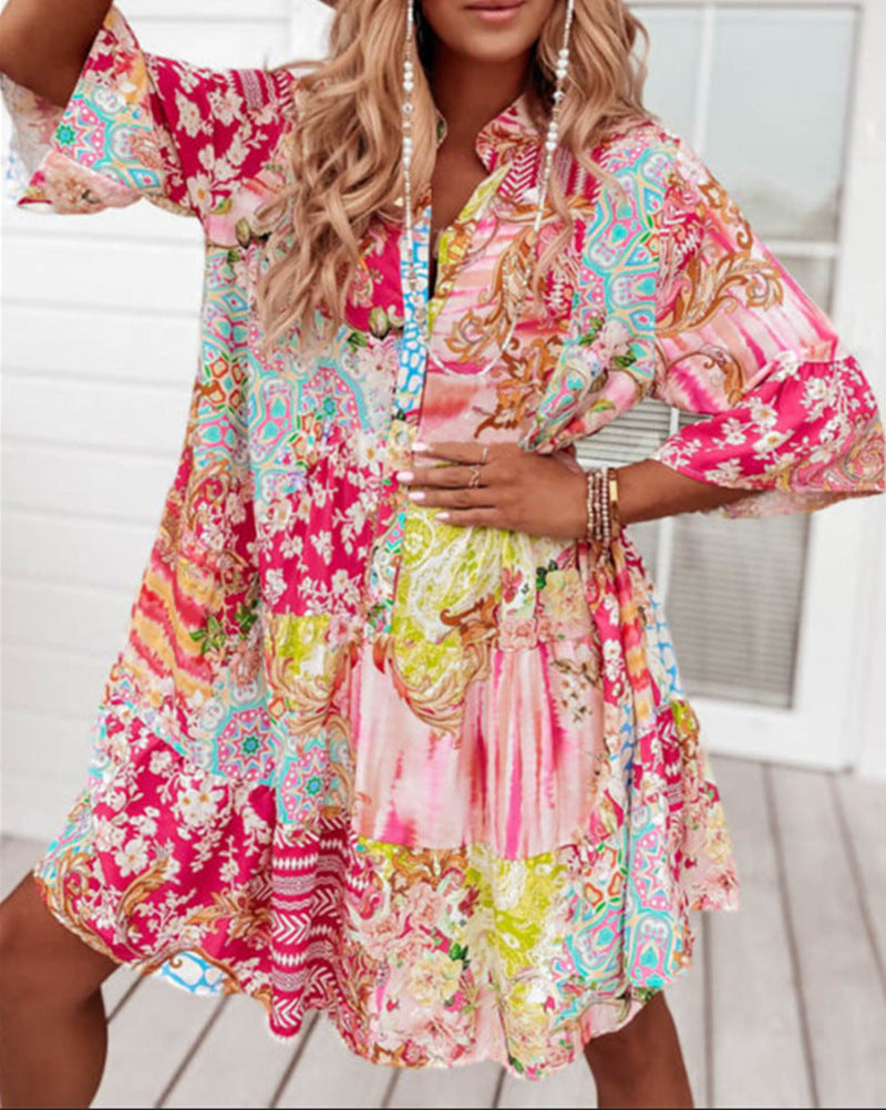 Damen nan Luftiges Stufenkleid im Patchwork-Boho-Stil mit Stehkragen, geraffter Taillennaht und Dreiviertelärmeln R&B
