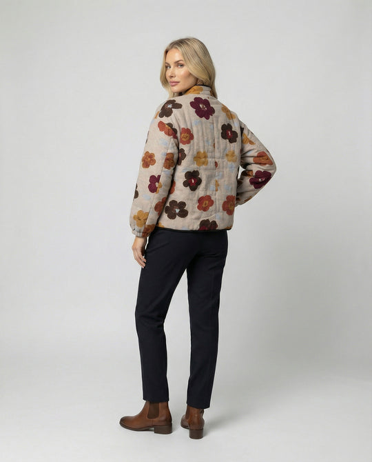 Damen kurze Blumenbouclé-Jacke mit Knebelverschluss und Ballonärmeln R&B