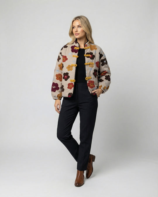 Damen kurze Blumenbouclé-Jacke mit Knebelverschluss und Ballonärmeln R&B