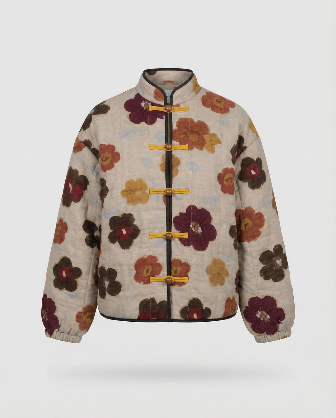 Damen kurze Blumenbouclé-Jacke mit Knebelverschluss und Ballonärmeln R&B