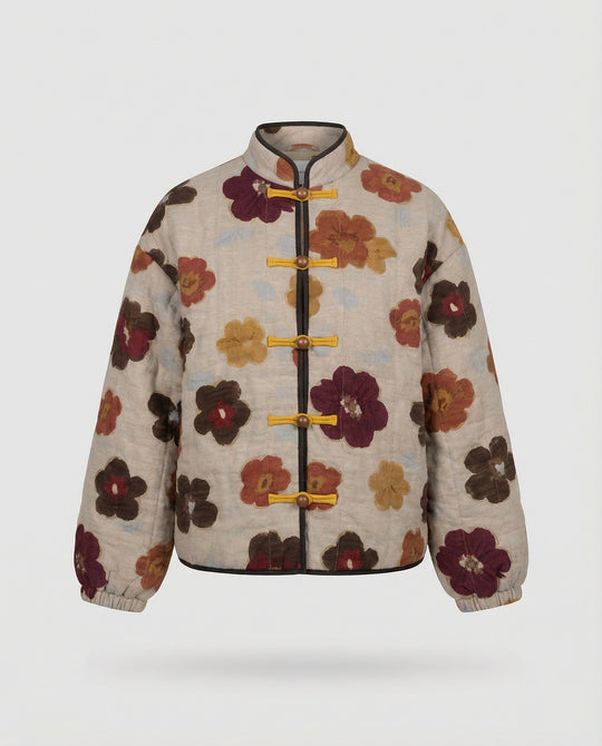 Damen kurze Blumenbouclé-Jacke mit Knebelverschluss und Ballonärmeln R&B