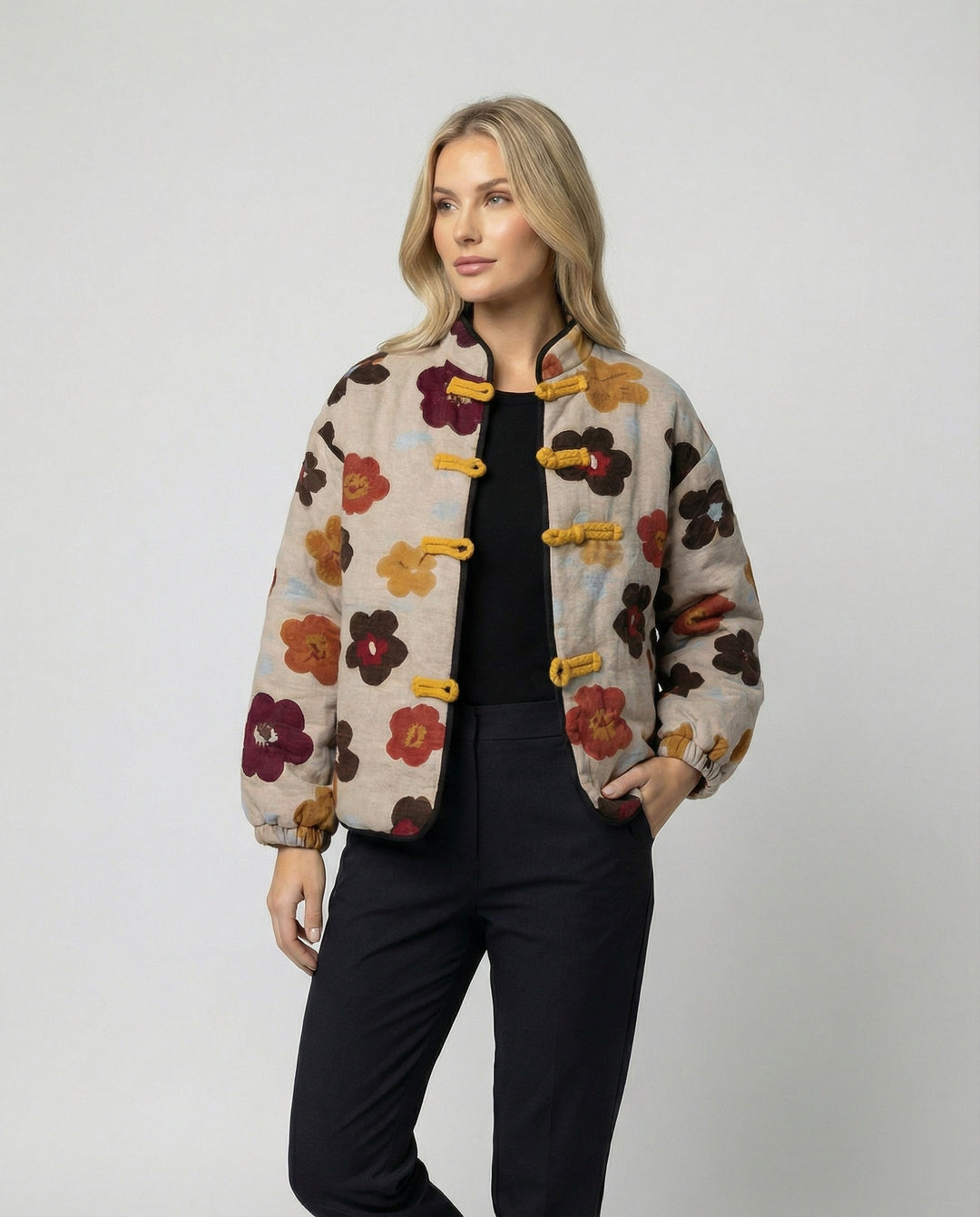 Damen kurze Blumenbouclé-Jacke mit Knebelverschluss und Ballonärmeln R&B