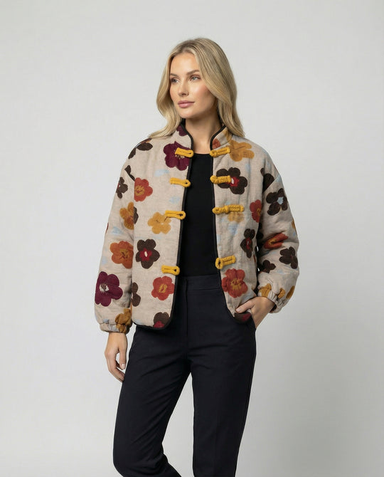 Damen kurze Blumenbouclé-Jacke mit Knebelverschluss und Ballonärmeln R&B