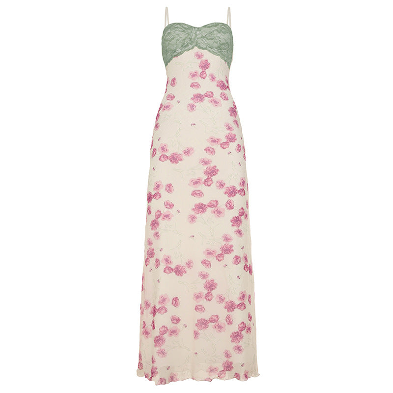Damen Maxikleid mit floralem Spitzenoberteil und zarten Spaghettiträgern R&B