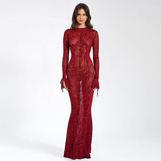 Damen Figurbetontes Maxikleid mit tierischem Muster und weiten Ärmeln R&B
