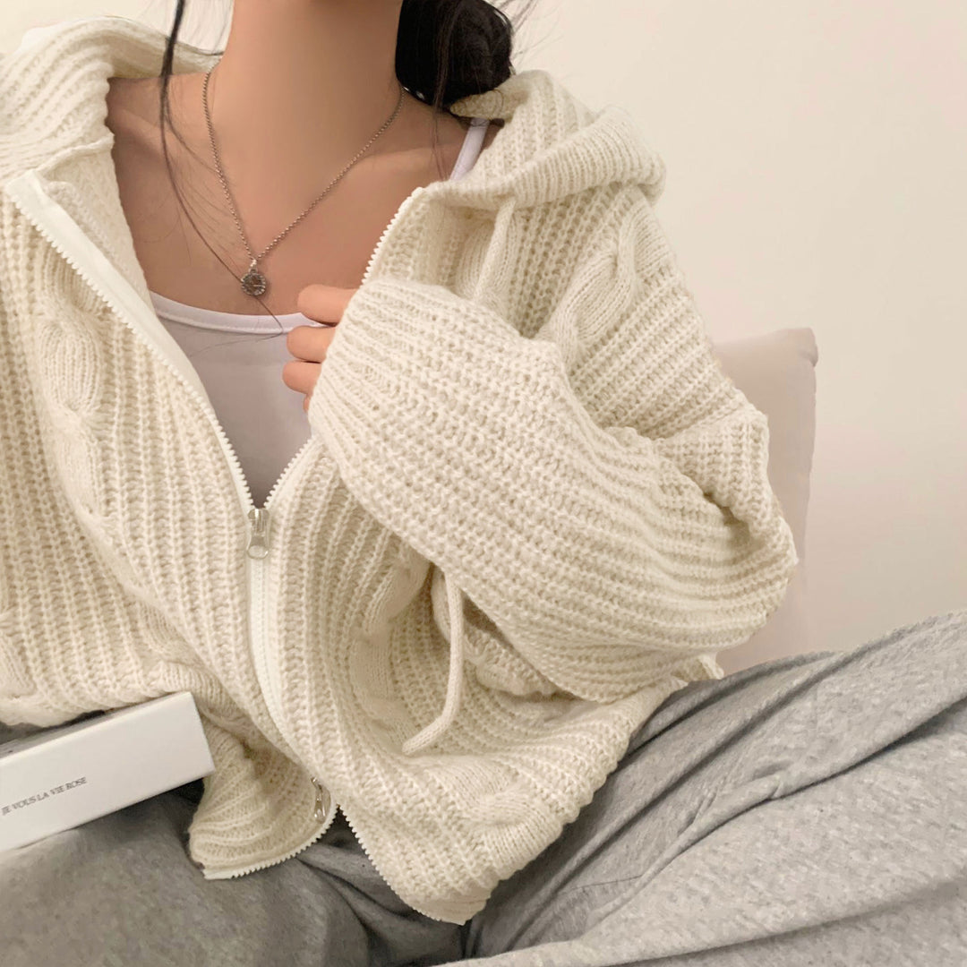 Damen Bequemer Strickjacke mit Kapuze und Reißverschluss R&B