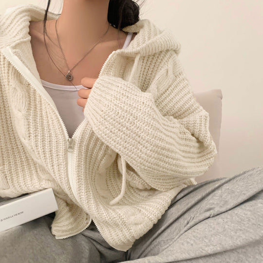 Damen Bequemer Strickjacke mit Kapuze und Reißverschluss R&B