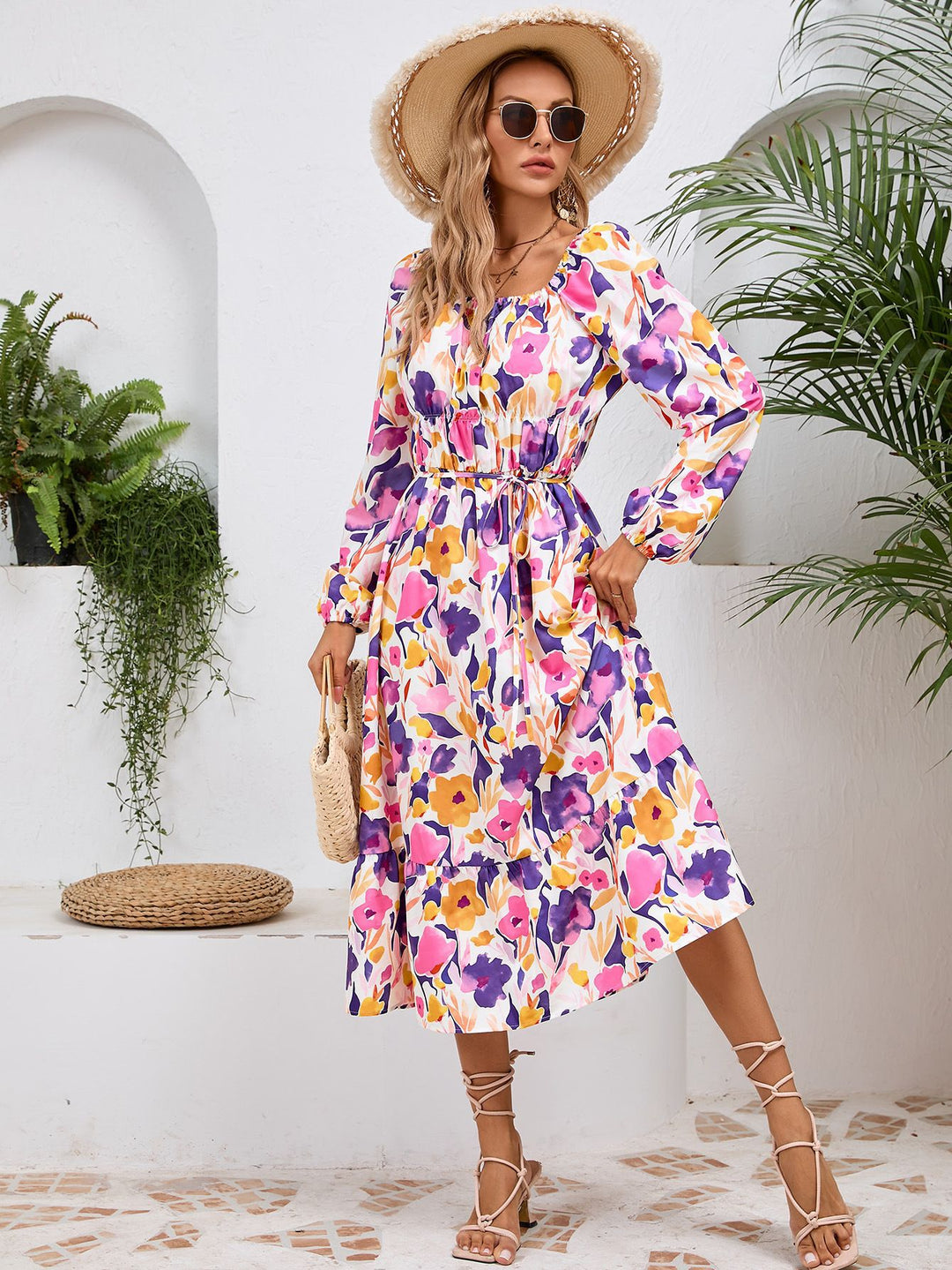 Damen Maxikleid mit floralem Design und elastischem Taillengürtel R&B
