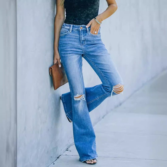Damen Flared Jeans im Vintage-Stil mit modischen Destroyed-Effekten R&B