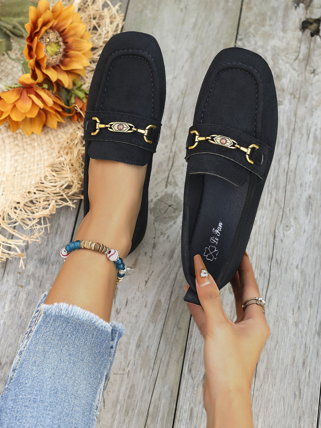Damen Mokassins mit schicke Goldakzent und weichem Veloursleder R&B