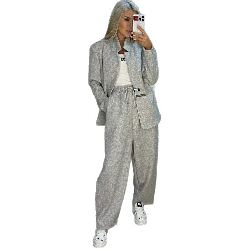 Damen lässige Sweater-Blazer-Kombination mit weit geschnittenen Hosen R&B
