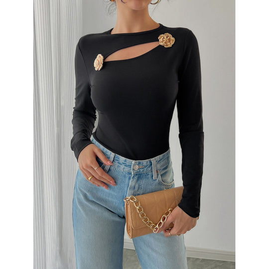 Damen Elegantes Langarm-Bodysuit mit dekorativen Blumenakzenten R&B