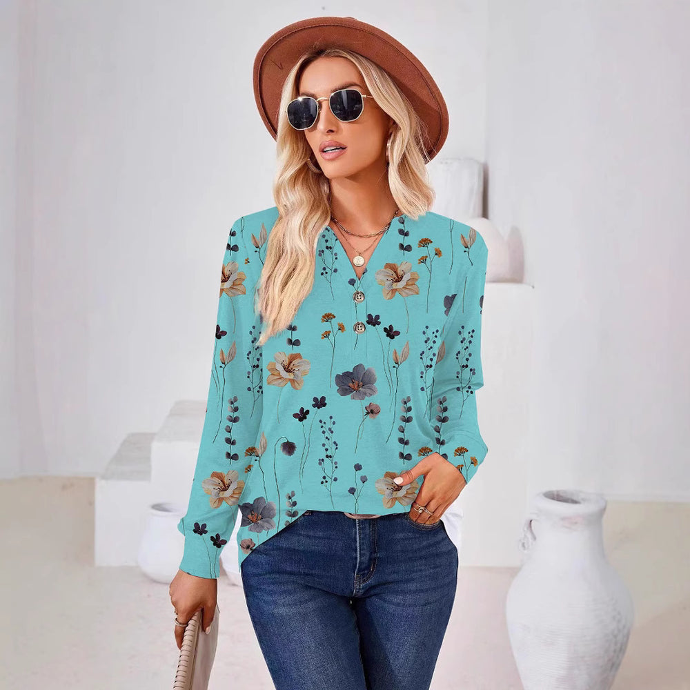 Damen Langarm-Bluse mit floralem Druck und Knopfleiste R&B