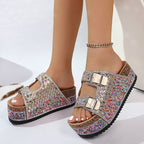 Damen Komfortable Sandalen mit dekorativen Schnallen und buntem Glitzerdesign