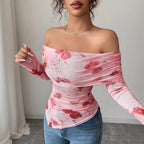 Damen nan schulterfreies gerafftes Langarm-Oberteil aus feinem Mesh mit floralem Print und taillierter Silhouette R&B