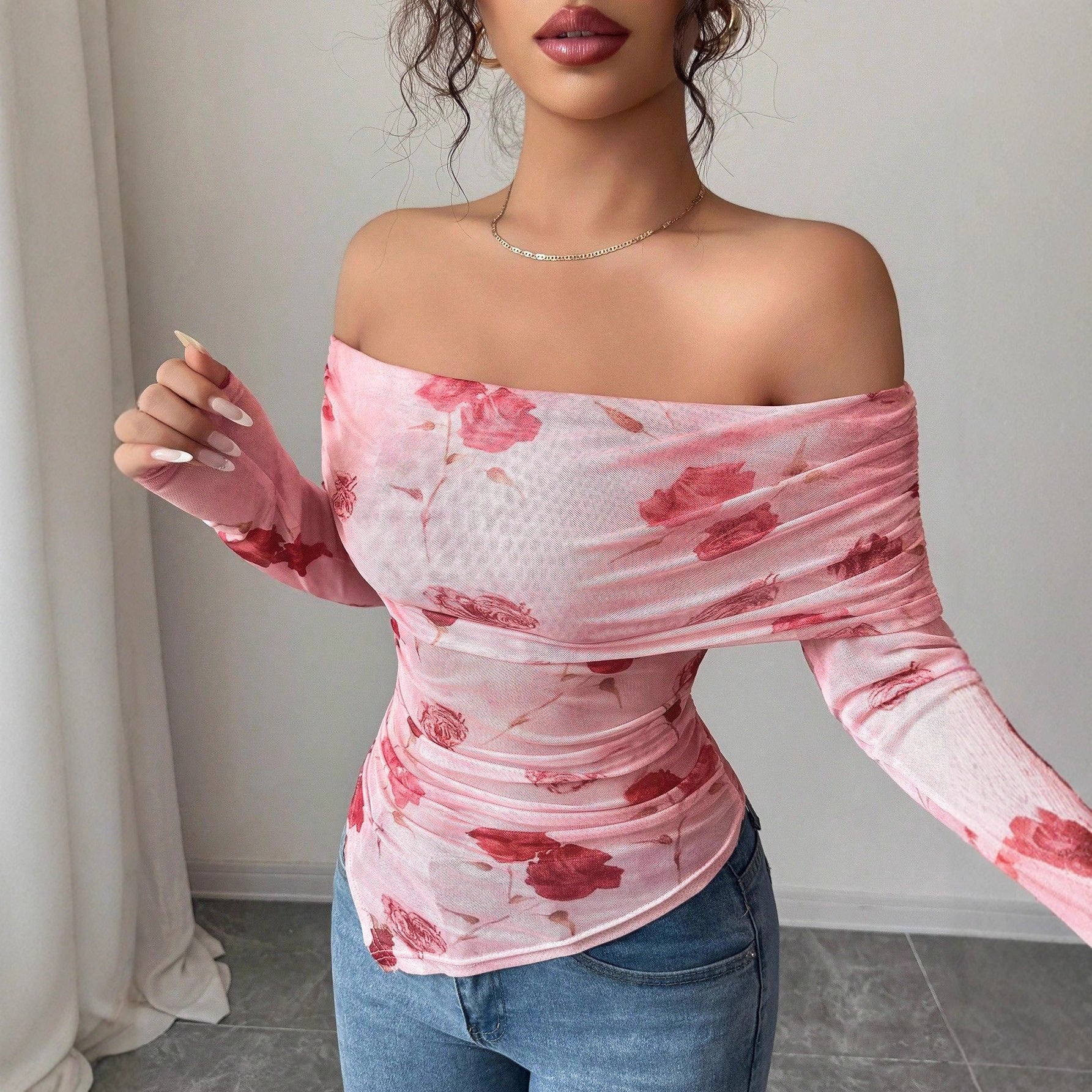 Damen nan schulterfreies gerafftes Langarm-Oberteil aus feinem Mesh mit floralem Print und taillierter Silhouette R&B
