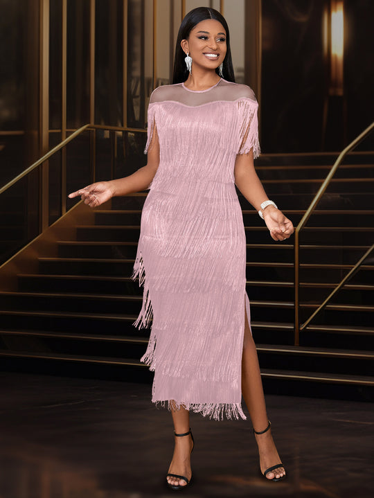 Damen Fransen Maxikleid mit halber Transparenz R&B