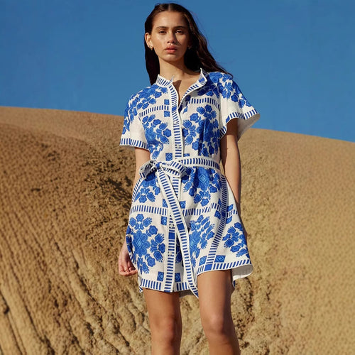 Damen Freizeitkleid mit floralem Muster und bequemen Taillengürtel R&B