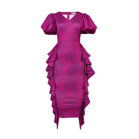 Damen Midi-Kleid mit voluminösen Puffärmeln und raffinierten Rüschendetails R&B