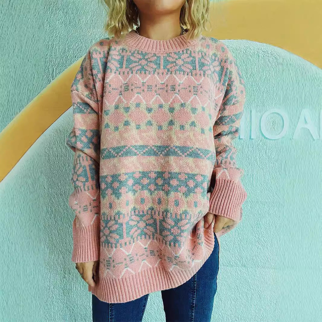 Damen gemütlicher Strickpullover mit winterlichem Muster und lässigem Schnitt R&B