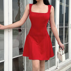 Damen A-Linien Kleid mit Quadrat-Ausschnitt und gerafften Detail R&B