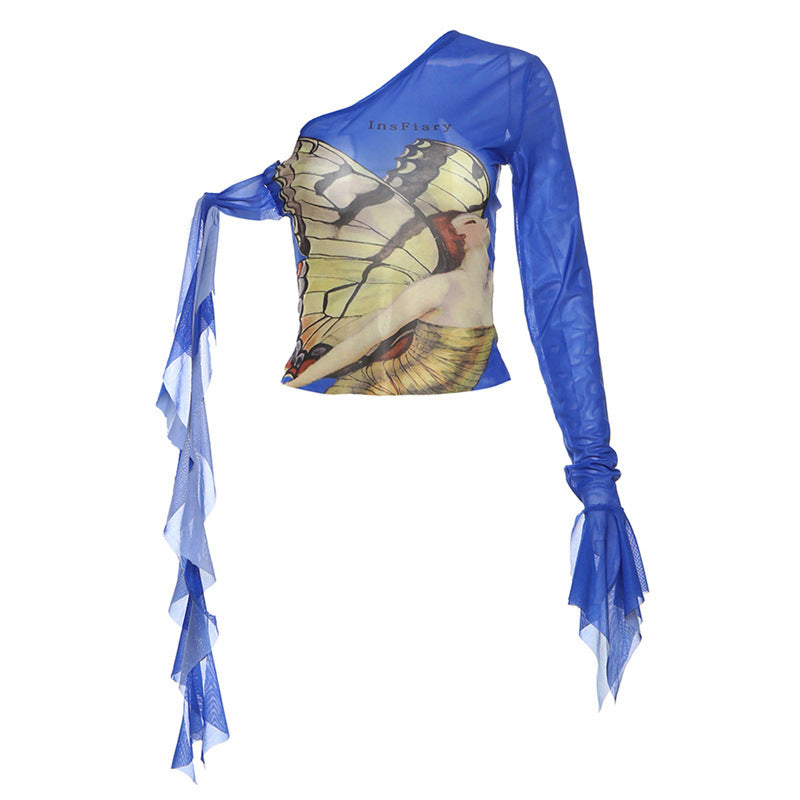 Damen Einseitiges Designer-Oberteil mit kunstvollem Butterfly-Muster und transparenten Rüschendetails R&B
