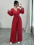 Damen Eleganter Jumpsuit mit taillierbarem Gürtel und plissiertem Schnitt R&B